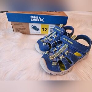 NWT Size 12 Blue and Lime Eddie Bauer Bump Toe Sandals with Velcro Strap